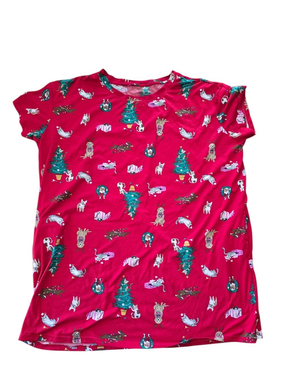 Joy Spun Red Holiday Print Night Shirt with Christmas Tree and Pets